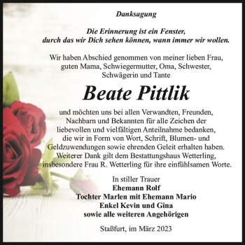 Traueranzeige von Beate Pittlik  von Magdeburger Volksstimme