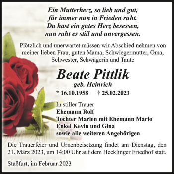 Traueranzeige von Beate Pittlik (geb. Heinrich)  von Magdeburger Volksstimme