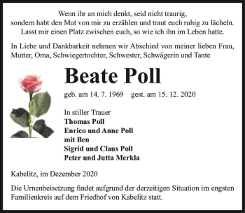 Traueranzeige von Beate Poll  von Magdeburger Volksstimme