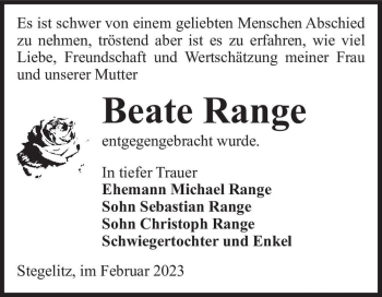 Traueranzeige von Beate Range  von Magdeburger Volksstimme