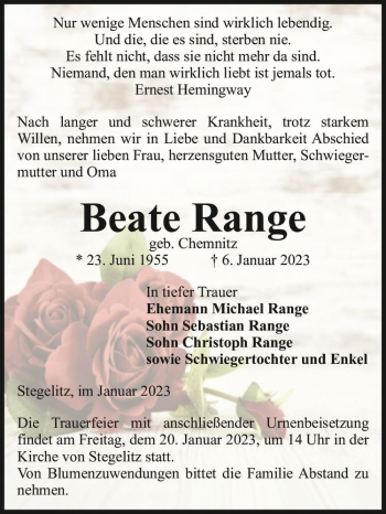 Traueranzeige von Beate Range (geb. Chemnitz)  von Magdeburger Volksstimme