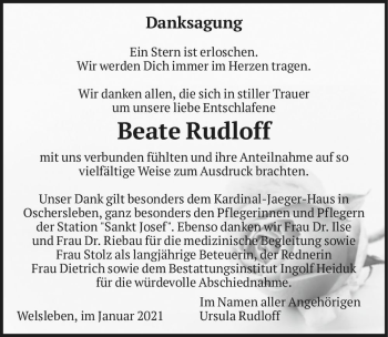 Traueranzeige von Beate Rudloff  von Magdeburger Volksstimme