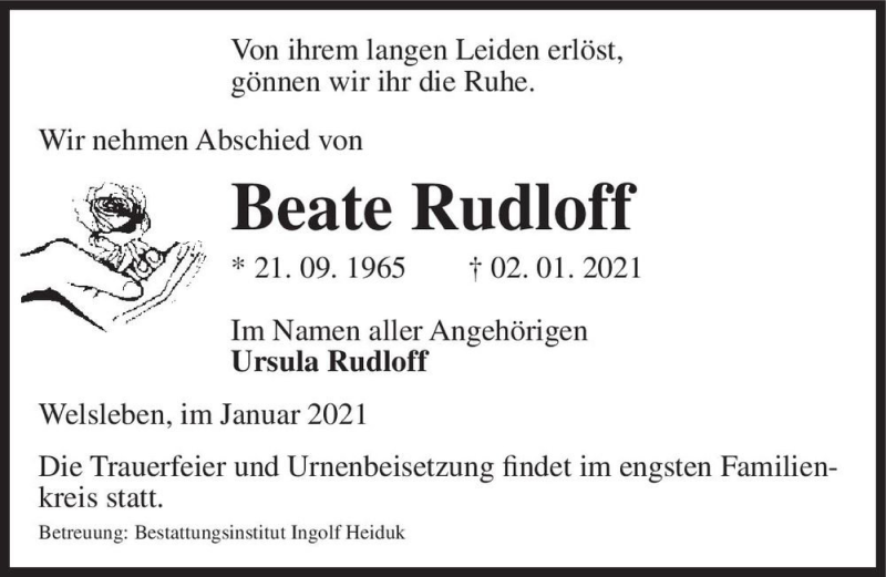 Traueranzeige für Beate Rudloff  vom 09.01.2021 aus Magdeburger Volksstimme