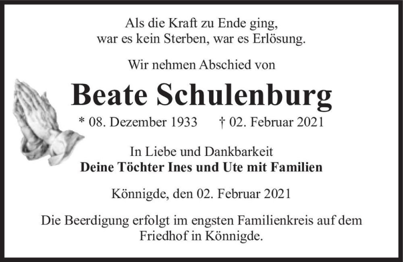  Traueranzeige für Beate Schulenburg  vom 05.02.2021 aus Magdeburger Volksstimme