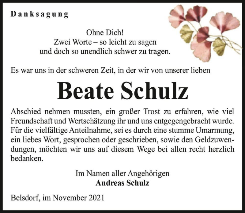  Traueranzeige für Beate Schulz  vom 03.11.2021 aus Magdeburger Volksstimme