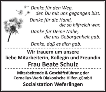 Traueranzeige von Beate Schulz  von Magdeburger Volksstimme