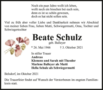 Traueranzeige von Beate Schulz (geb. Balleyer)  von Magdeburger Volksstimme