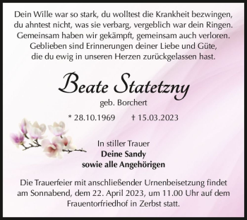 Traueranzeige von Beate Statetzny (geb. Borchert)  von Magdeburger Volksstimme