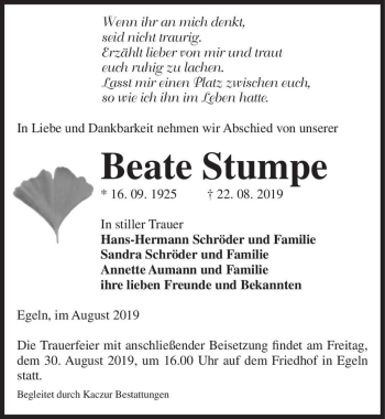 Traueranzeige von Beate Stumpe  von Magdeburger Volksstimme