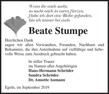 Traueranzeige von Beate Stumpe  von Magdeburger Volksstimme