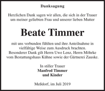 Traueranzeige von Beate Timmer  von Magdeburger Volksstimme