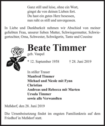 Traueranzeige von Beate Timmer (geb. Vaupel)  von Magdeburger Volksstimme