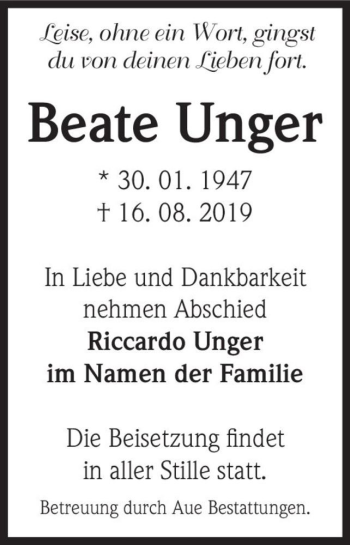 Traueranzeige von Beate Unger  von Magdeburger Volksstimme