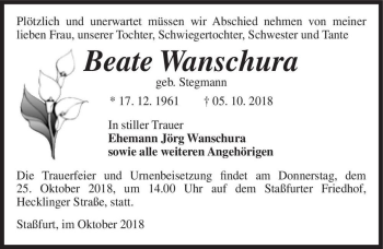 Traueranzeige von Beate Wanschura (geb. Stegmann)  von Magdeburger Volksstimme
