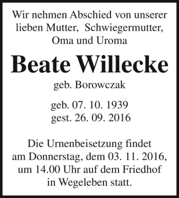 Traueranzeige von Beate Willecke (geb. Borowczak)  von Magdeburger Volksstimme