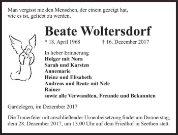 Traueranzeige von Beate Woltersdorf  von Magdeburger Volksstimme