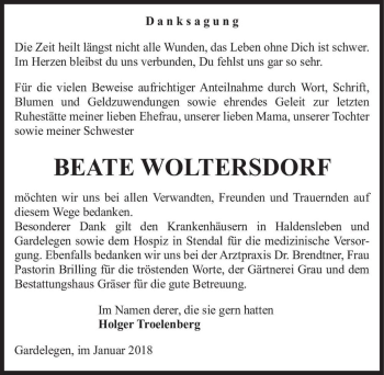 Traueranzeige von Beate Woltersdorf  von Magdeburger Volksstimme