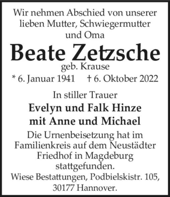 Traueranzeige von Beate Zetzsche (geb. Krause)  von Magdeburger Volksstimme