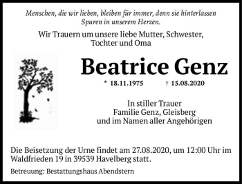 Traueranzeige von Beatrice Genz  von Magdeburger Volksstimme