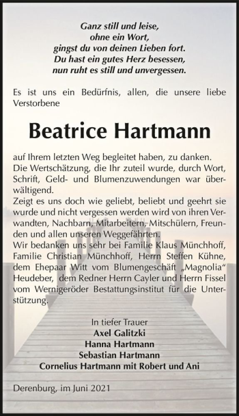 Traueranzeige von Beatrice Hartmann  von Magdeburger Volksstimme