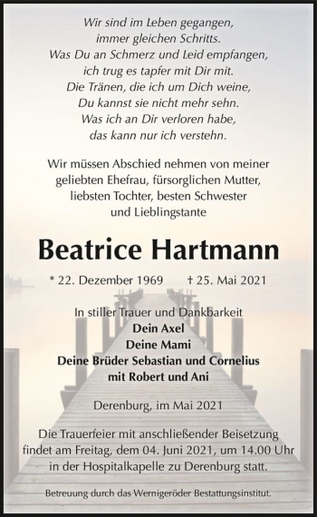 Traueranzeige von Beatrice Hartmann  von Magdeburger Volksstimme