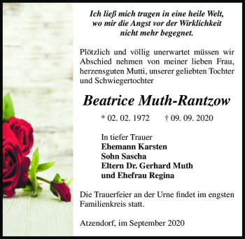 Traueranzeige von Beatrice Muth-Rantzow  von Magdeburger Volksstimme