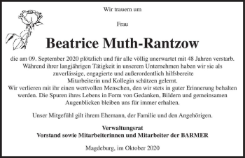 Traueranzeige von Beatrice Muth-Rantzow  von Magdeburger Volksstimme