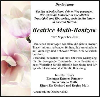 Traueranzeige von Beatrice Muth-Rantzow  von Magdeburger Volksstimme