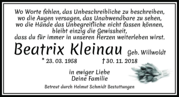 Traueranzeige von Beatrix Kleinau (geb. Willwoldt)  von Magdeburger Volksstimme