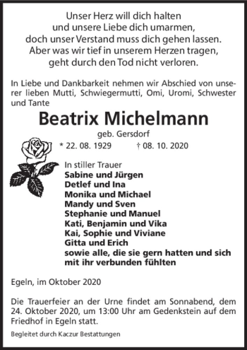 Traueranzeige von Beatrix Michelmann (geb. Gersdorf)  von Magdeburger Volksstimme
