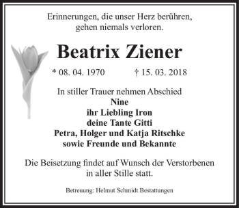 Traueranzeige von Beatrix Ziener  von Magdeburger Volksstimme