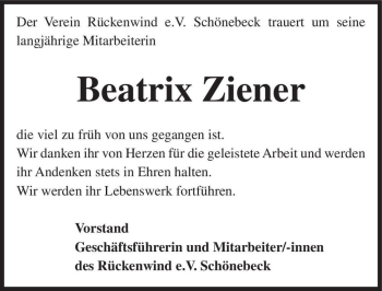 Traueranzeige von Beatrix Ziener  von Magdeburger Volksstimme