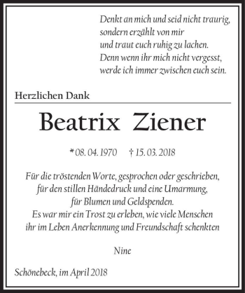 Traueranzeige von Beatrix Ziener  von Magdeburger Volksstimme