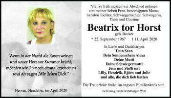 Traueranzeige von Beatrix tor Horst (geb. Becker)  von Magdeburger Volksstimme