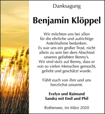 Traueranzeige von Bejamin Klöppel  von Magdeburger Volksstimme