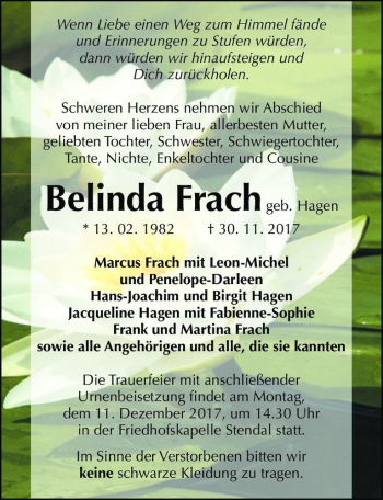 Traueranzeige von Belinda Frach (geb. Hagen)  von Magdeburger Volksstimme