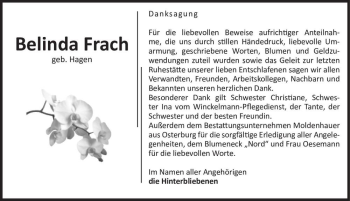 Traueranzeige von Belinda Frach (geb. Hagen)  von Magdeburger Volksstimme