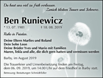 Traueranzeige von Ben Runiewicz  von Magdeburger Volksstimme