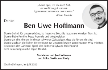 Traueranzeige von Ben Uwe Hoffmann  von Magdeburger Volksstimme