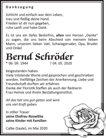 Traueranzeige von Bend Schröder  von Magdeburger Volksstimme