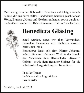 Traueranzeige von Benedicta Gläsing  von Magdeburger Volksstimme