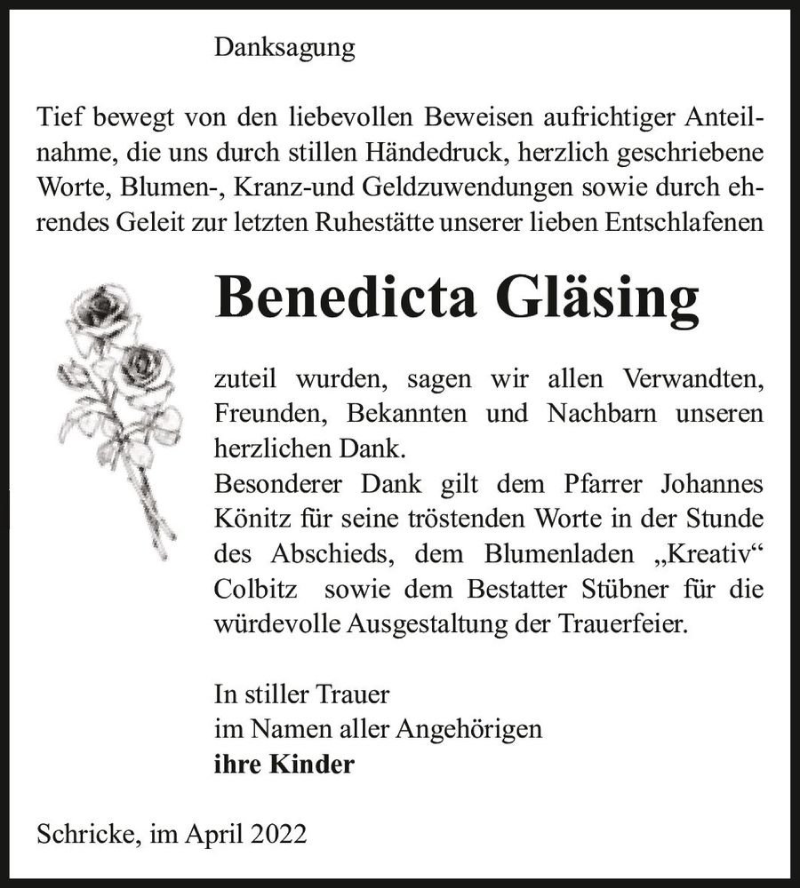  Traueranzeige für Benedicta Gläsing  vom 16.04.2022 aus Magdeburger Volksstimme
