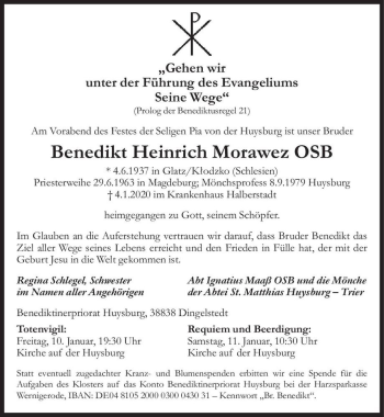 Traueranzeige von Benedikt Heinrich Morawez OSB  von Magdeburger Volksstimme