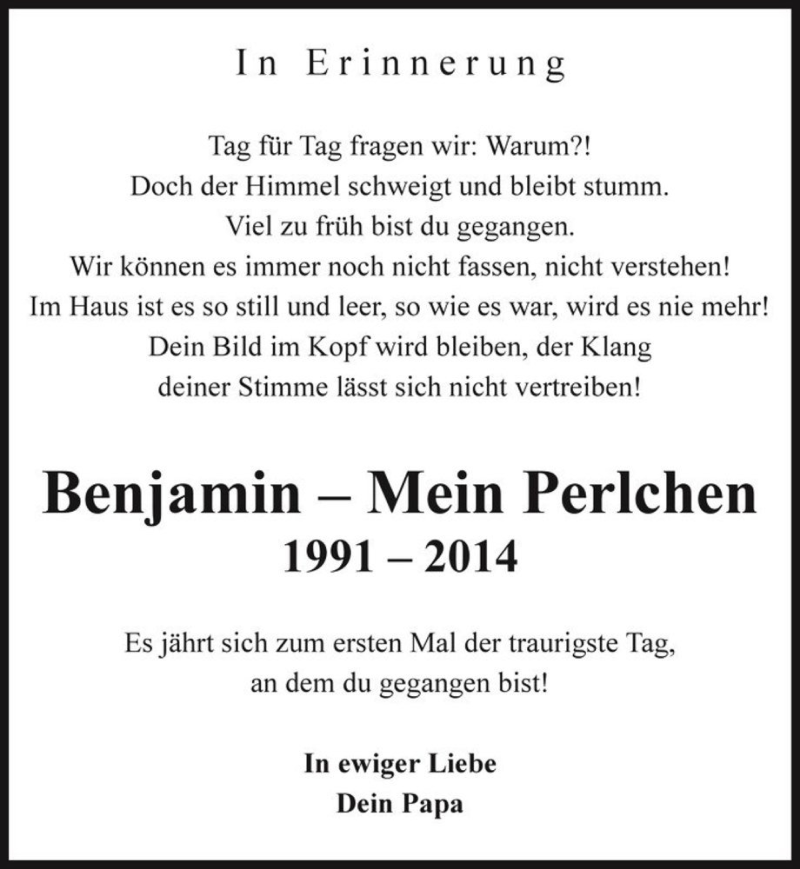  Traueranzeige für Benjamin - Mein Perlchen  vom 07.09.2015 aus Magdeburger Volksstimme