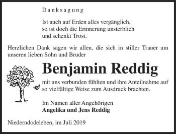 Traueranzeige von Benjamin Reddig  von Magdeburger Volksstimme