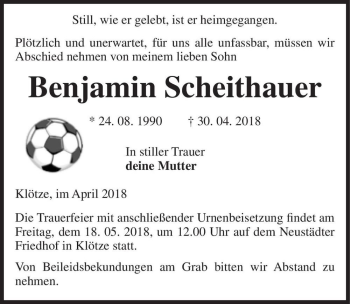 Traueranzeige von Benjamin Scheithauer  von Magdeburger Volksstimme