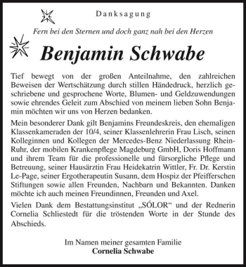Traueranzeige von Benjamin Schwabe  von Magdeburger Volksstimme