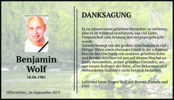 Traueranzeige von Benjamin Wolf  von Magdeburger Volksstimme