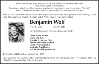 Traueranzeige von Benjamin Wolf  von Magdeburger Volksstimme
