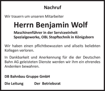 Traueranzeige von Benjamin Wolf  von Magdeburger Volksstimme